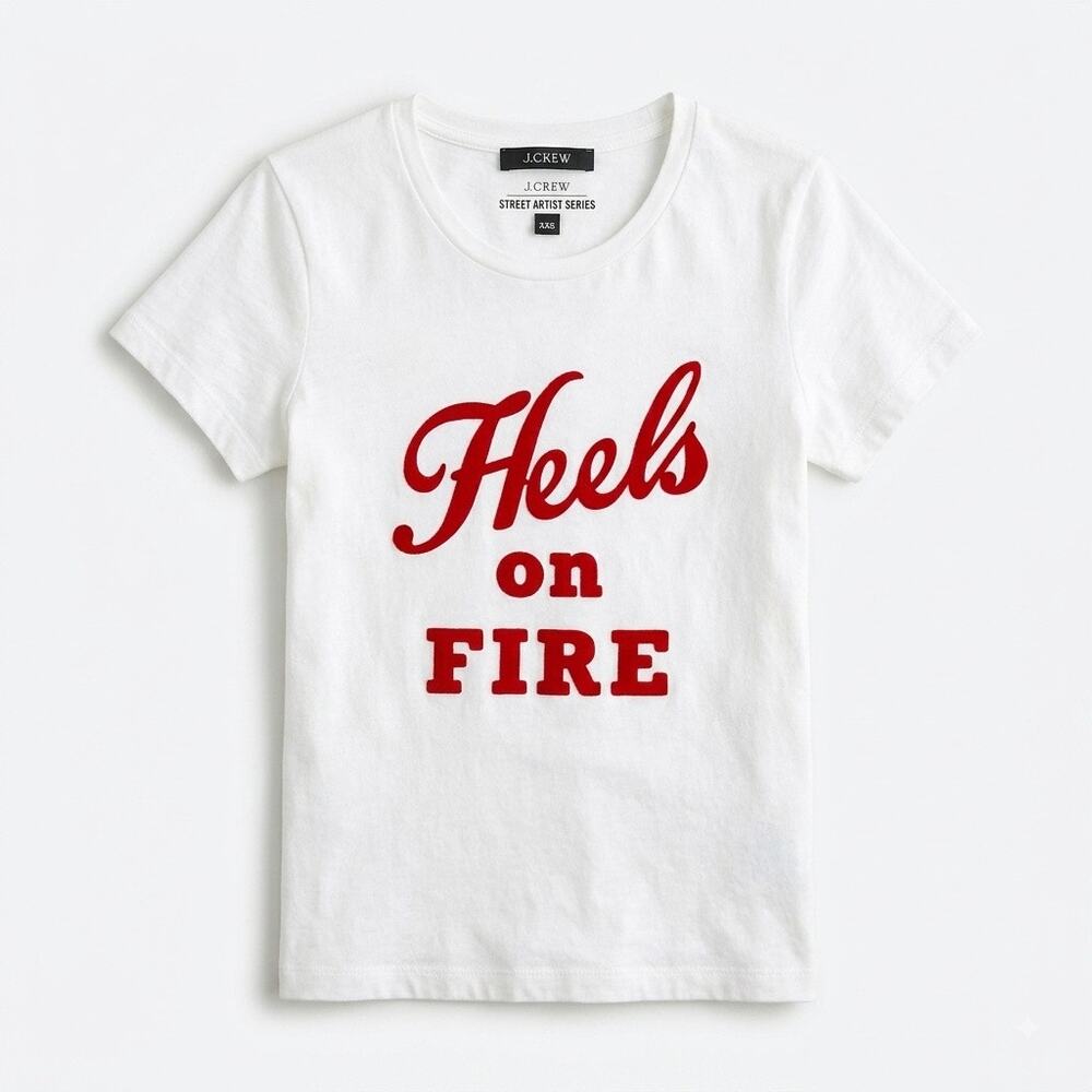 J Crew Heels On Fire Graphic Tee White Crewneck Cotton Casual Womens XXS 2XS